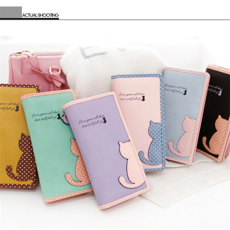 Jauna monētu somiņa Kaķu dizainers Ādas garie maki Sieviešu Korejas modes zīmols Sieviešu rāvējslēdzēja maki Jauki rokassomiņa Sajūgs Para Mujer