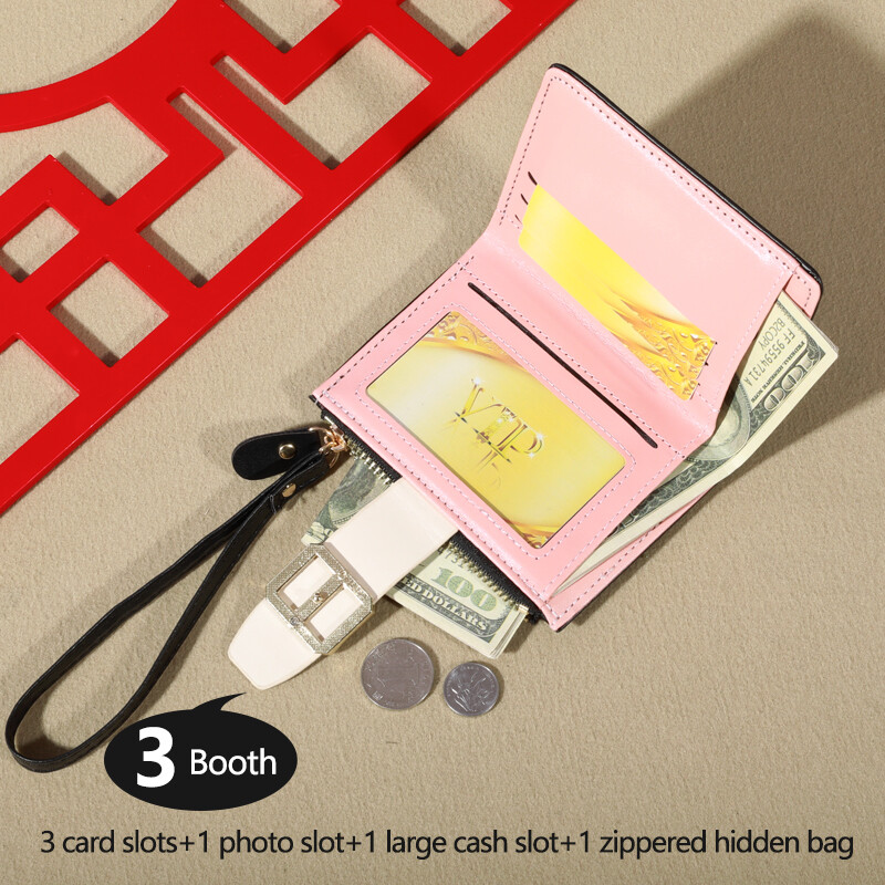 Portofel din piele PU cu mai multe carduri, versiunea coreeană, cu cataramă, agrafă mică pentru bani, portmoneu scurt cu fermoar, suport pentru pașaport pentru carduri