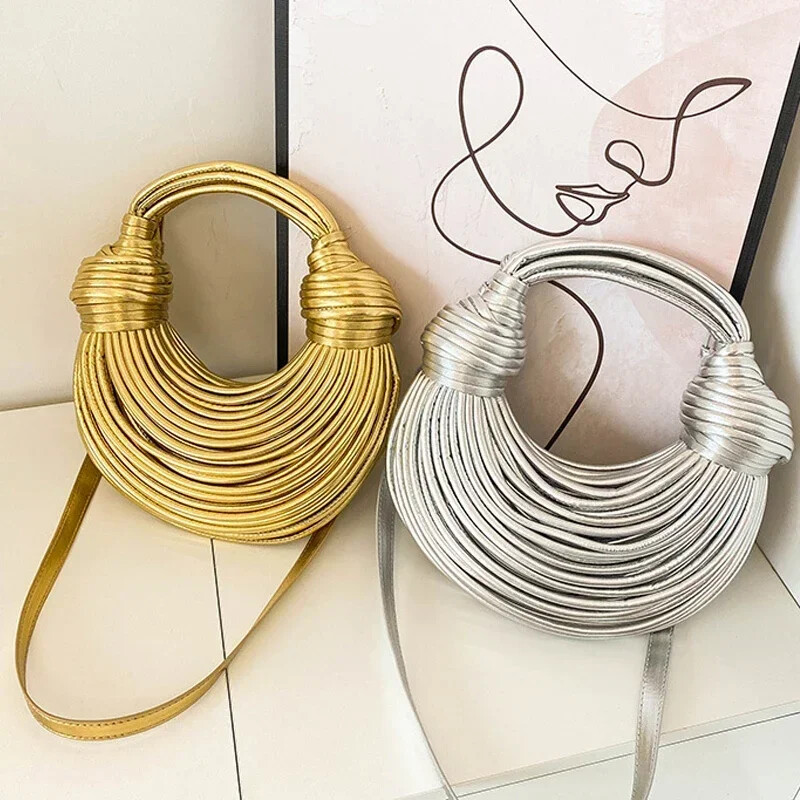 Genți de mână noi 2024 pentru femei, aurii, de lux, de marca de designer, țesută manual cu tăiței, poșetă de seară cu înnodare trasă, hobo, de argint