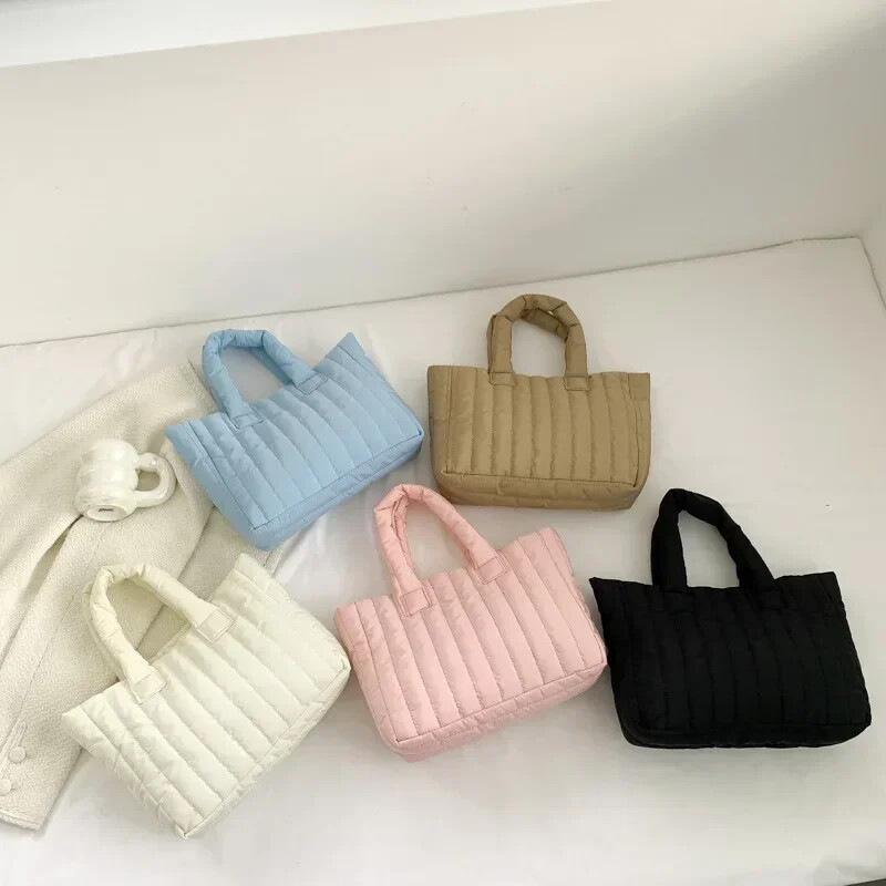 Sieviešu vienkrāsaina kokvilnas polsterēta soma, stepēta soma ar augšējo rokturi.