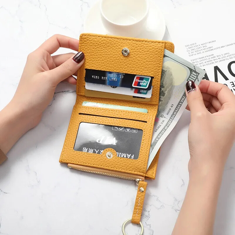 Portofel nou galben pentru femei, din piele PU moale, pentru femeie, mini port-carte, portofele scurte pentru monede, poșetă mică, breloc cu fermoar