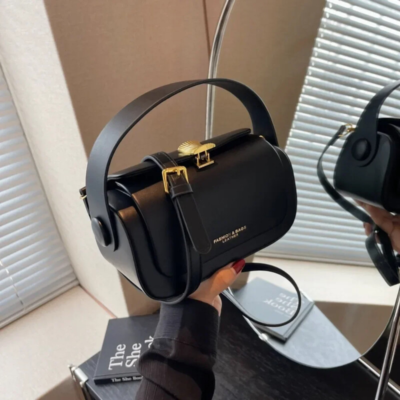 Geantă de umăr neagră clasică Genți de mână reversibile, retro, pătrate, 2024, noi Genți de mână cu clapă din piele texturată de mare capacitate