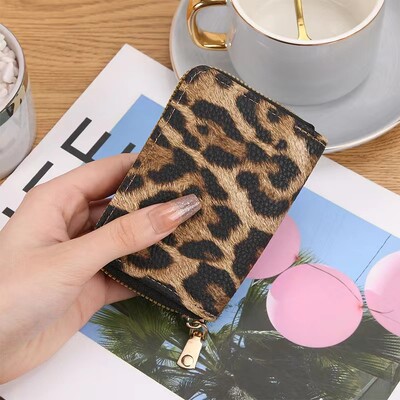 Leoparda apdrukas īss maks, rāvējslēdzēja monētu soma, sieviešu PU soma