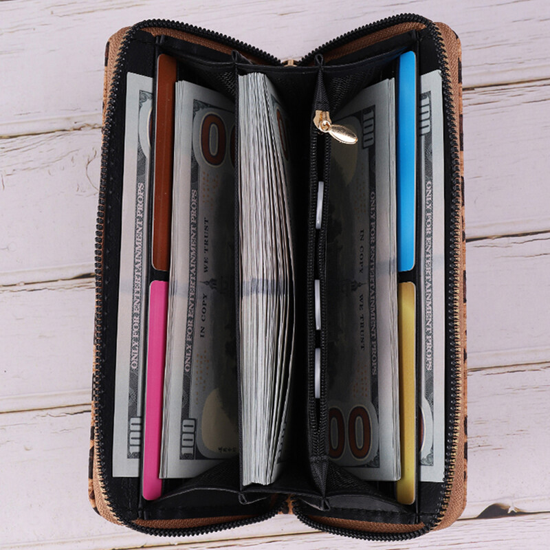 Minimalista retro pénztárca leopárdmintával, többfunkciós és több kártyatartóval, divatos kézi táskával