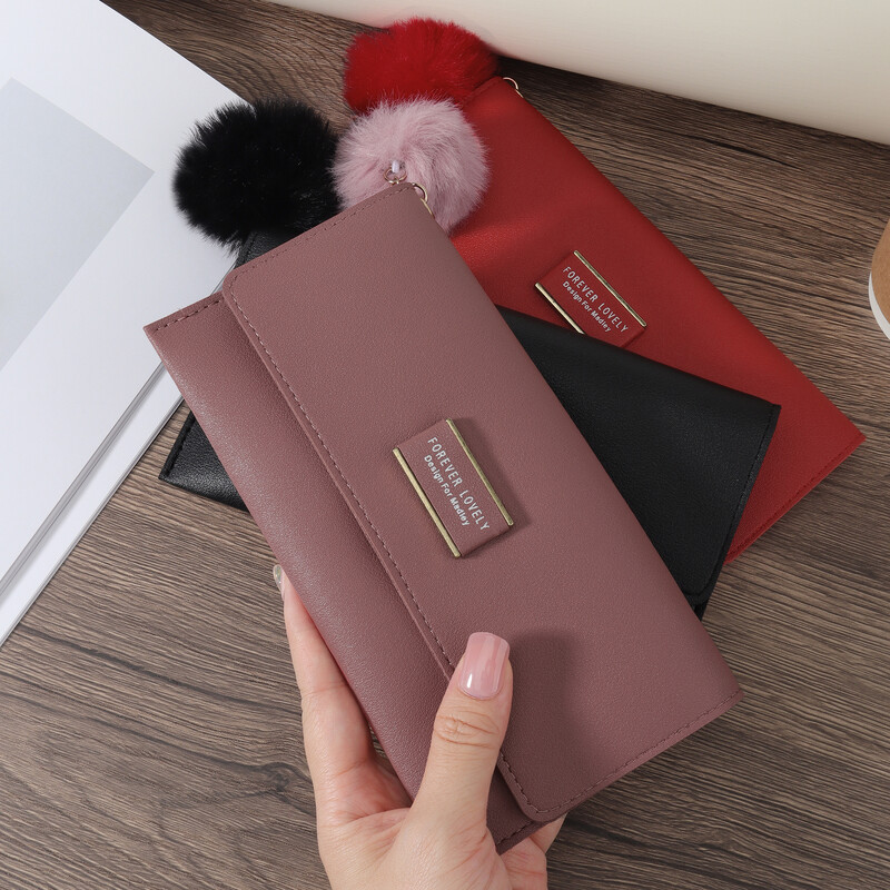 Jauns modes burtu matu bumbiņu dekors ar garu maka monētu kabatas garu maku, divkāršu sieviešu maku ar vairāku karšu slotu un ID logu