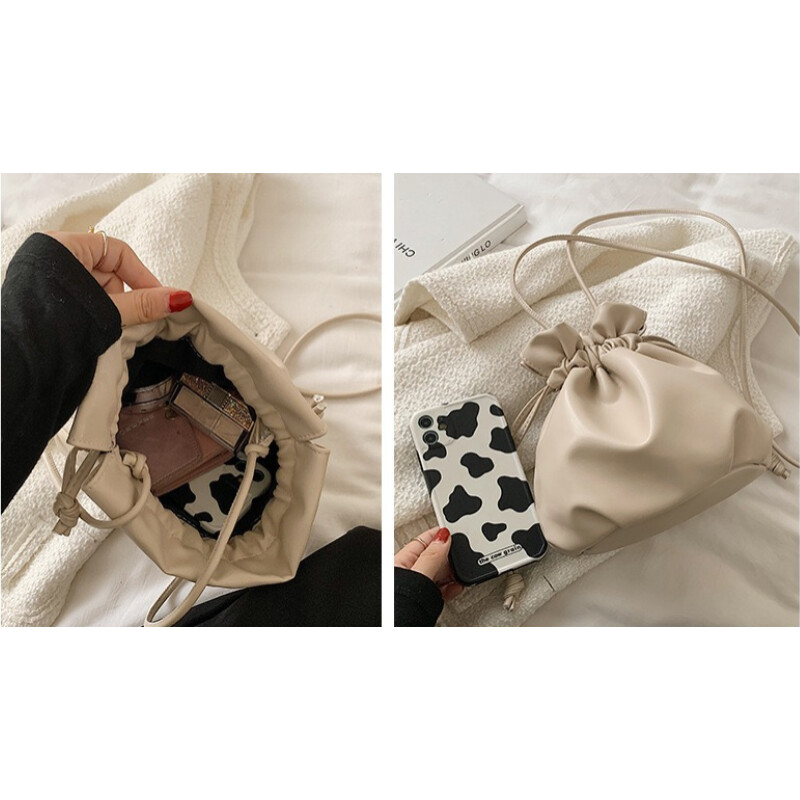 Genți de găleată cu șnur de modă simple pentru femei Genți de umăr mici pentru femei Genți de mână din piele moale PU Genți de mână casual drăguțe