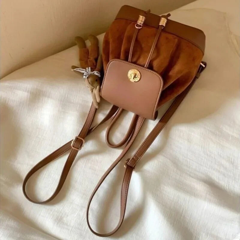 2024, nou geantă coreeană, ocazională, versatilă, rucsac de umăr de nișă high-end pentru exterior, rucsac din piele de catifea de cerb Maillard, la începutul toamnei