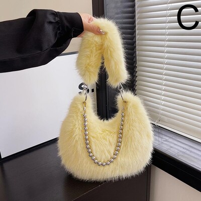 Poșetă de pluș pentru subrat pentru femei, cu lanț, pufoasă, versatilă, geantă de umăr, cu blană artificială, la modă, la subrat.