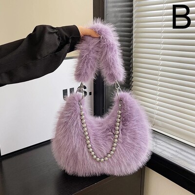 Poșetă de pluș pentru subrat pentru femei, cu lanț, pufoasă, versatilă, geantă de umăr, cu blană artificială, la modă, la subrat.
