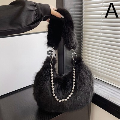 Poșetă de pluș pentru subrat pentru femei, cu lanț, pufoasă, versatilă, geantă de umăr, cu blană artificială, la modă, la subrat.