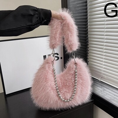 Poșetă de pluș pentru subrat pentru femei, cu lanț, pufoasă, versatilă, geantă de umăr, cu blană artificială, la modă, la subrat.