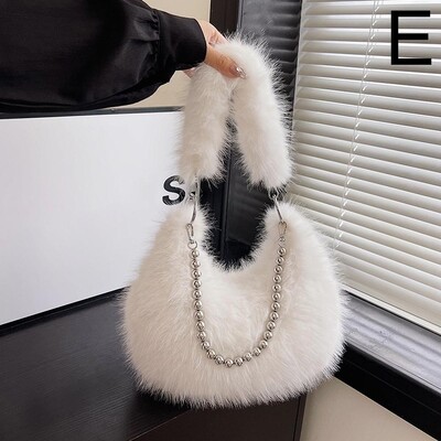 Poșetă de pluș pentru subrat pentru femei, cu lanț, pufoasă, versatilă, geantă de umăr, cu blană artificială, la modă, la subrat.