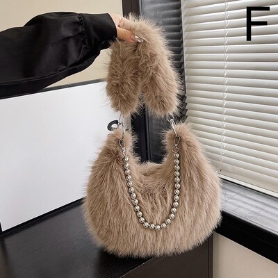 Poșetă de pluș pentru subrat pentru femei, cu lanț, pufoasă, versatilă, geantă de umăr, cu blană artificială, la modă, la subrat.