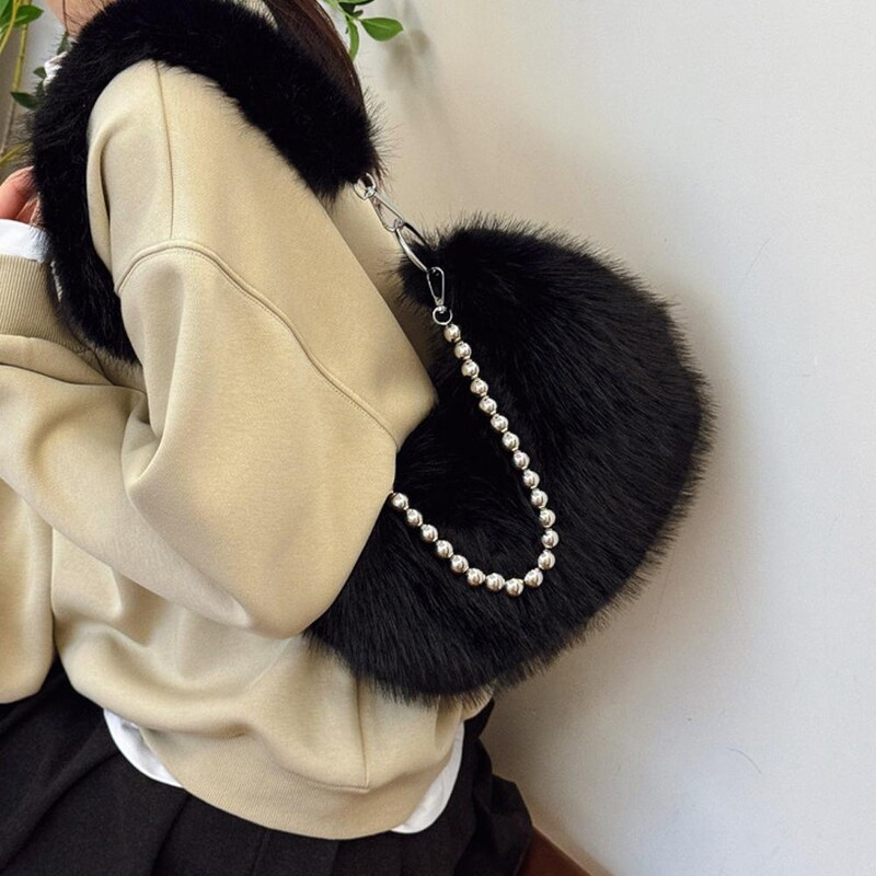 Poșetă de pluș pentru subrat pentru femei, cu lanț, pufoasă, versatilă, geantă de umăr, cu blană artificială, la modă, la subrat.