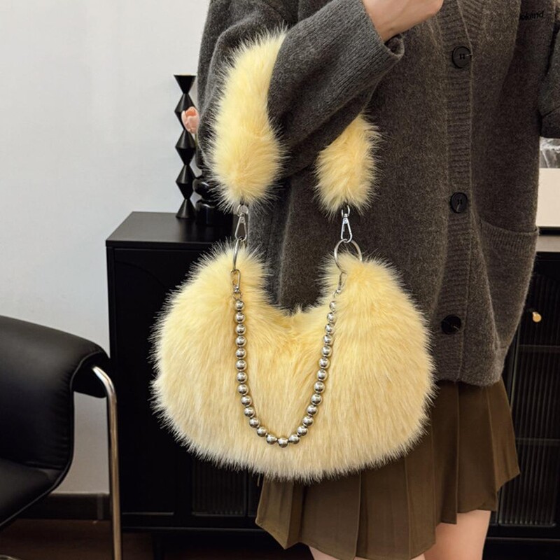 Poșetă de pluș pentru subrat pentru femei, cu lanț, pufoasă, versatilă, geantă de umăr, cu blană artificială, la modă, la subrat.