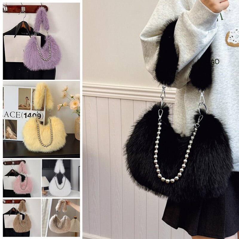 Poșetă de pluș pentru subrat pentru femei, cu lanț, pufoasă, versatilă, geantă de umăr, cu blană artificială, la modă, la subrat.