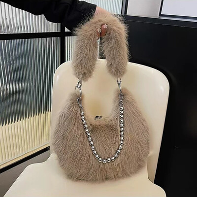 Geantă Hobo de iarnă pentru femei, cu fermoar, de pluș, de modă, geantă de mână de mare capacitate cu lanț, genți pentru axile blanoase pentru femei