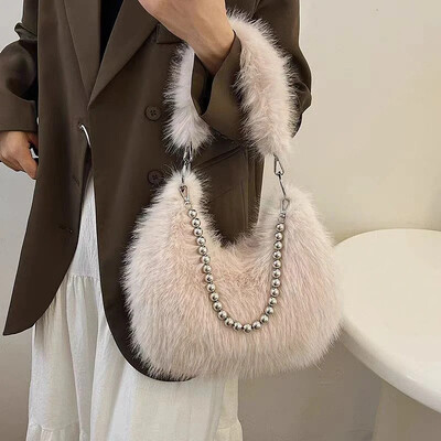 Geantă Hobo de iarnă pentru femei, cu fermoar, de pluș, de modă, geantă de mână de mare capacitate cu lanț, genți pentru axile blanoase pentru femei