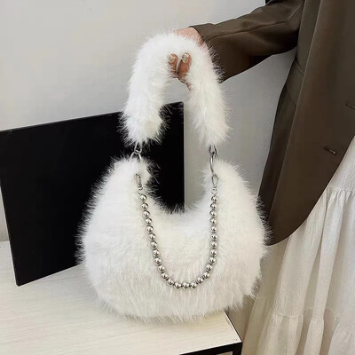 Geantă Hobo de iarnă pentru femei, cu fermoar, de pluș, de modă, geantă de mână de mare capacitate cu lanț, genți pentru axile blanoase pentru femei