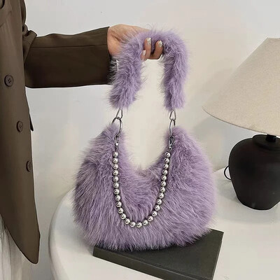 Geantă Hobo de iarnă pentru femei, cu fermoar, de pluș, de modă, geantă de mână de mare capacitate cu lanț, genți pentru axile blanoase pentru femei