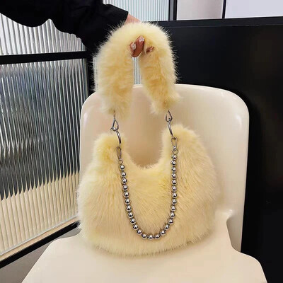 Geantă Hobo de iarnă pentru femei, cu fermoar, de pluș, de modă, geantă de mână de mare capacitate cu lanț, genți pentru axile blanoase pentru femei