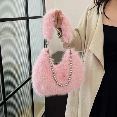 Geantă Hobo de iarnă pentru femei, cu fermoar, de pluș, de modă, geantă de mână de mare capacitate cu lanț, genți pentru axile blanoase pentru femei