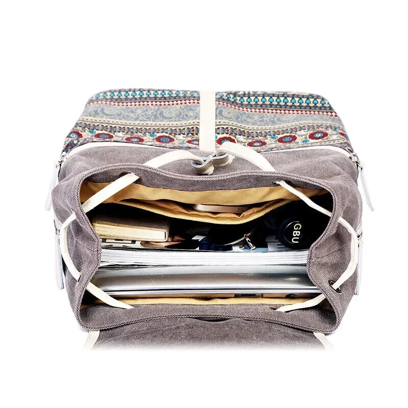 Rucsacuri stil etnic pentru femei Roșu Albastru Gri Genți de școală din pânză retro Lady Fete Pachet de călătorie Geantă mare de umăr cu fermoar Bolsas