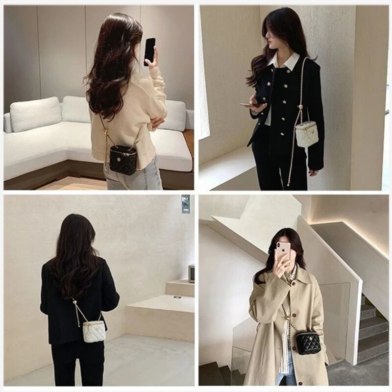 Нова модна малка чанта Camellia през рамо Модна чанта с верижка и каишка Rhombus Bucket Чанта през рамо