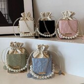 Geantă din talie cu perle Geantă de mână cu lanț de modă Cadouri Geantă de mână cu șnur, vintage, cu umăr, geantă mică pătrată din piele PU