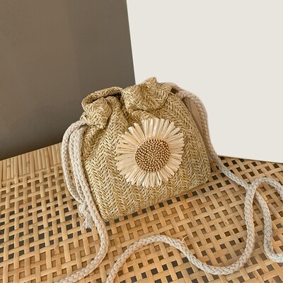 Design creativ Genți de paie de plajă pentru femei, cu textură clasică, șic, floarea-soarelui, cu șnur, găleată țesătă, geantă de umăr
