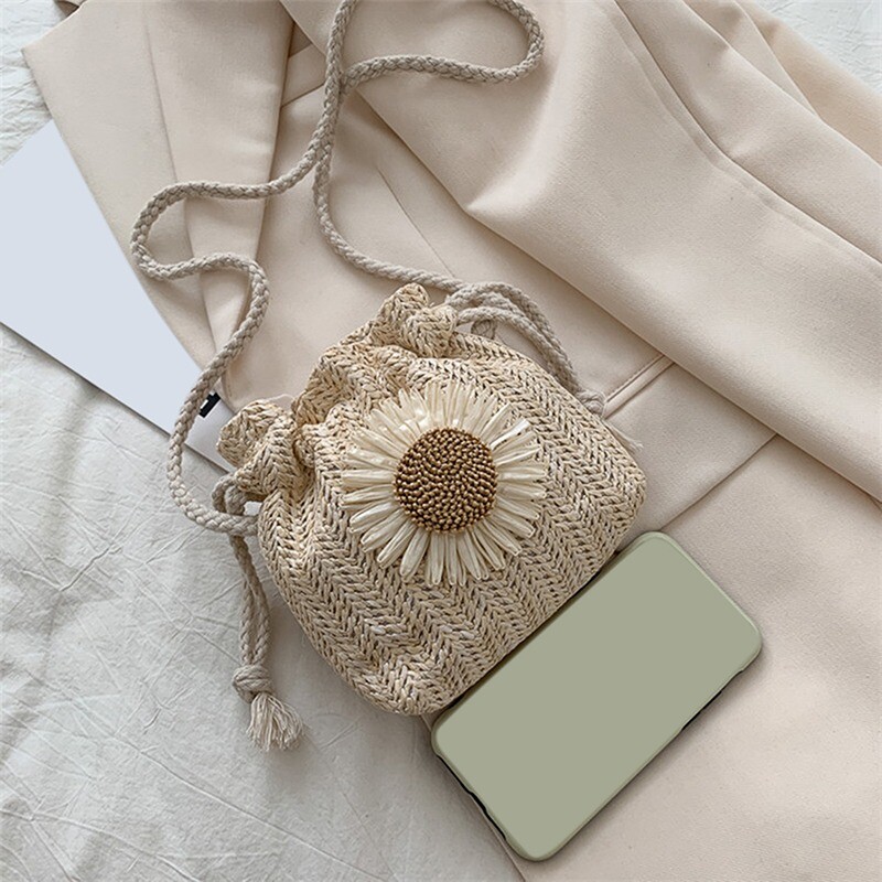 Design creativ Genți de paie de plajă pentru femei, cu textură clasică, șic, floarea-soarelui, cu șnur, găleată țesătă, geantă de umăr