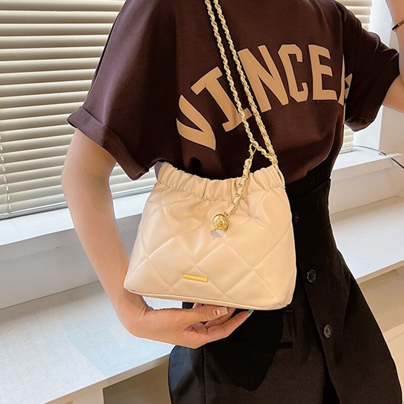 Geantă de umăr pentru femei, fete, din piele PU, pliată, în carouri, geantă tip găleată, geantă de mână de capacitate mare, geantă de subrat la modă