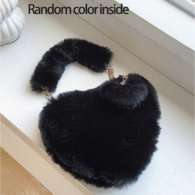 Ženske male ručne torbice od umjetnog krzna u obliku srca Pahuljasta plišana ženska torbica s lancem na rame Modna ženska krznena dnevna torbica sa spojkom