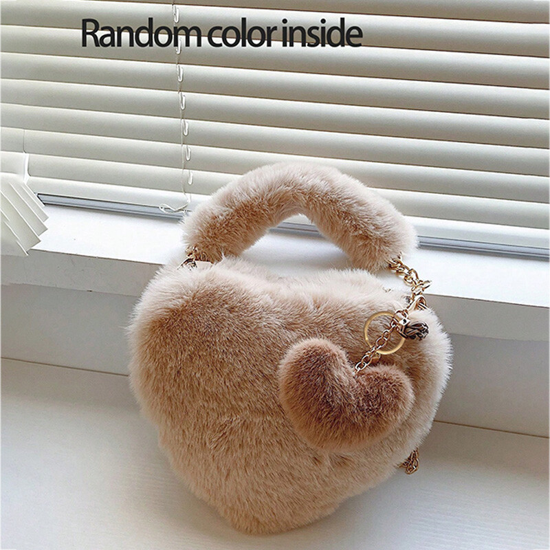 Ženske male ručne torbice od umjetnog krzna u obliku srca Pahuljasta plišana ženska torbica s lancem na rame Modna ženska krznena dnevna torbica sa spojkom