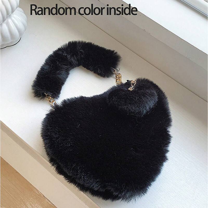 Ženske male ručne torbice od umjetnog krzna u obliku srca Pahuljasta plišana ženska torbica s lancem na rame Modna ženska krznena dnevna torbica sa spojkom