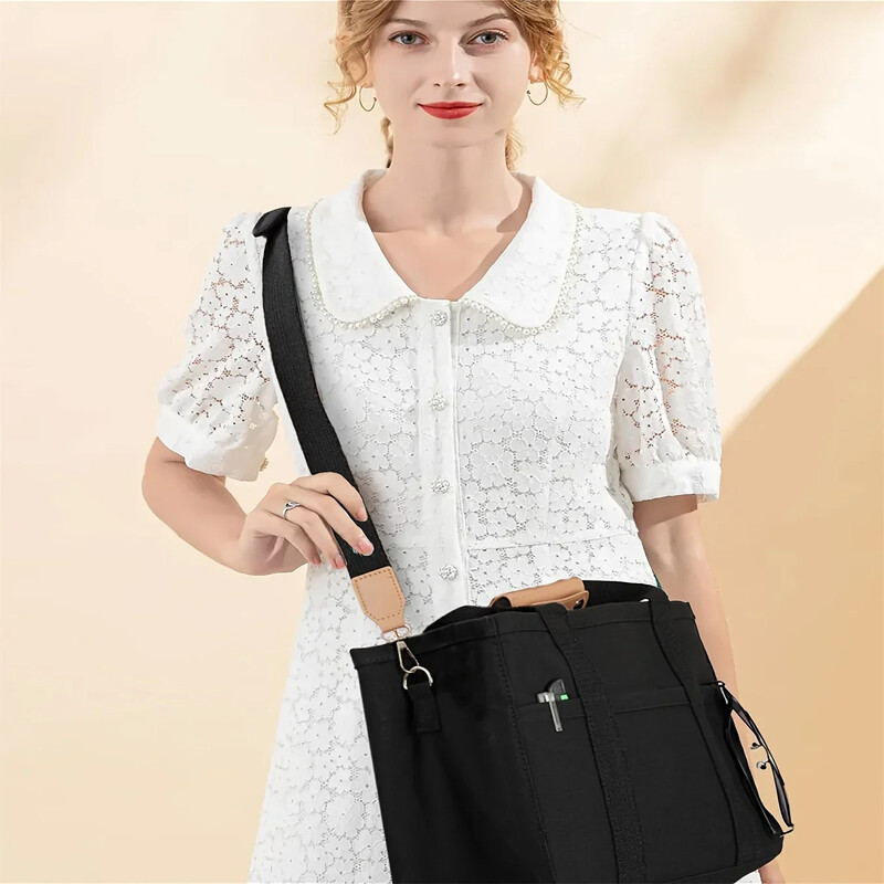 Geantă de mână ocazională din pânză pentru femei, cu buzunare multiple, geantă tote de mare capacitate, curea de umăr reglabilă, geantă casual pentru cumpărături pentru femei