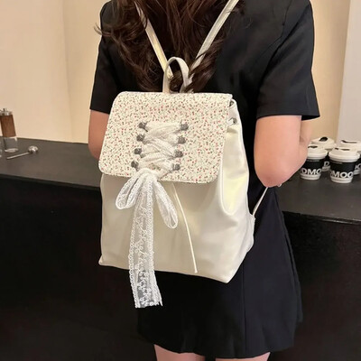 Корейски стил Y2k Сладка раница Дантелени чанти през рамо с голям капацитет PU кожена чанта за пътуване с лък Ученическа чанта