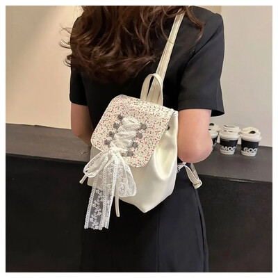 Корейски стил Y2k Сладка раница Дантелени чанти през рамо с голям капацитет PU кожена чанта за пътуване с лък Ученическа чанта