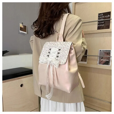 Корейски стил Y2k Сладка раница Дантелени чанти през рамо с голям капацитет PU кожена чанта за пътуване с лък Ученическа чанта