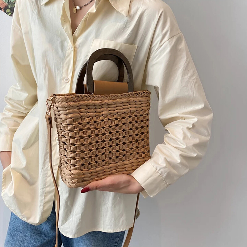 JIOMAY Genți de mână de designer de lux pentru femei, de înaltă calitate, 2024, genți de plajă, portofel de vară, cu șnur, poșetă țesătă din croșetat, închisă