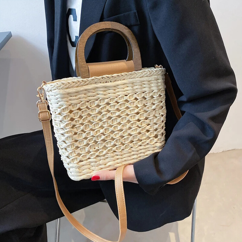 JIOMAY Genți de mână de designer de lux pentru femei, de înaltă calitate, 2024, genți de plajă, portofel de vară, cu șnur, poșetă țesătă din croșetat, închisă