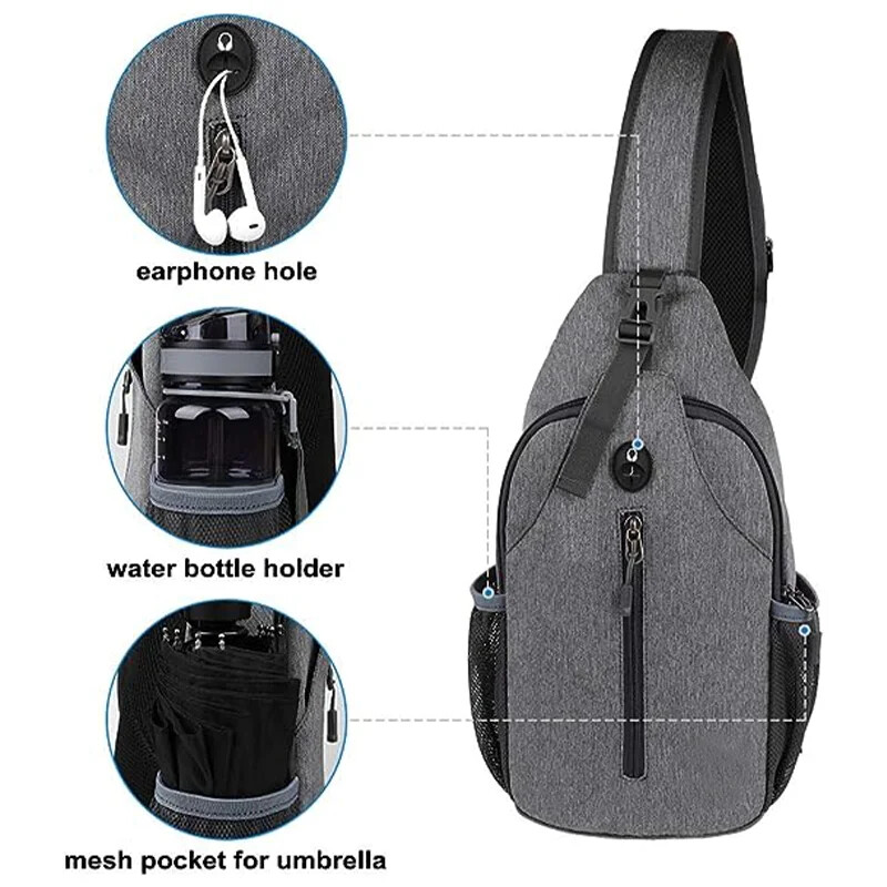 Geantă pentru bărbați, de modă, de culoare solidă, pentru piept pentru bărbați, în aer liber, ocazional, geantă de umăr cu un singur umăr, genți de umăr cu încărcare USB din nailon