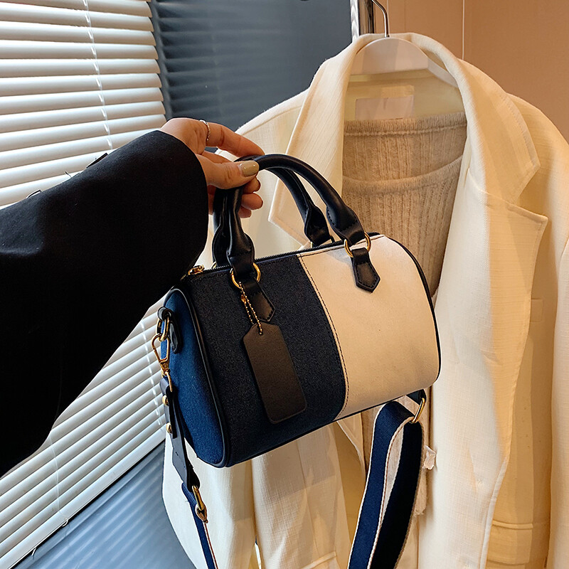 Mini genți de mână patchwork colorblock pentru femei Genți de corp încrucișate de umăr din denim Geantă Boston mică de stradă casual 2024 Poșete de designer