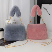Modne ženske pahuljaste torbe na rame Ženska zimska torba s lancem ispod pazuha Jednobojna ručna torbica Mekana plišana torba s ručkom