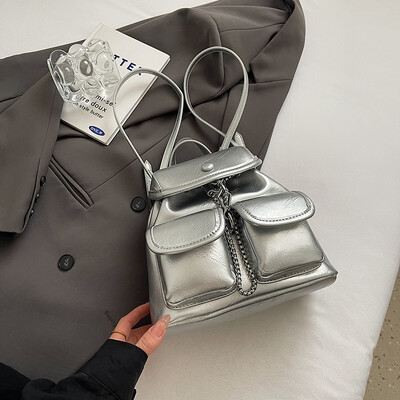 LEFTSIDE femei retro buzunare mici duble rucsacuri din piele PU 2024 iarnă Y2K rucsac de modă coreeană rucsac de călătorie pentru doamnă