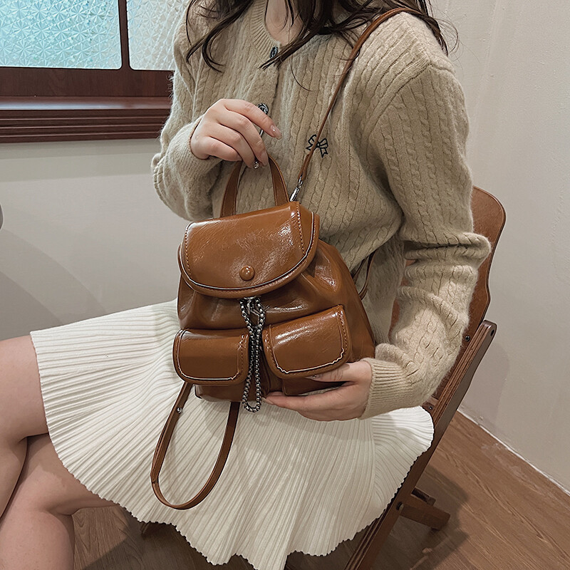 LEFTSIDE femei retro buzunare mici duble rucsacuri din piele PU 2024 iarnă Y2K rucsac de modă coreeană rucsac de călătorie pentru doamnă