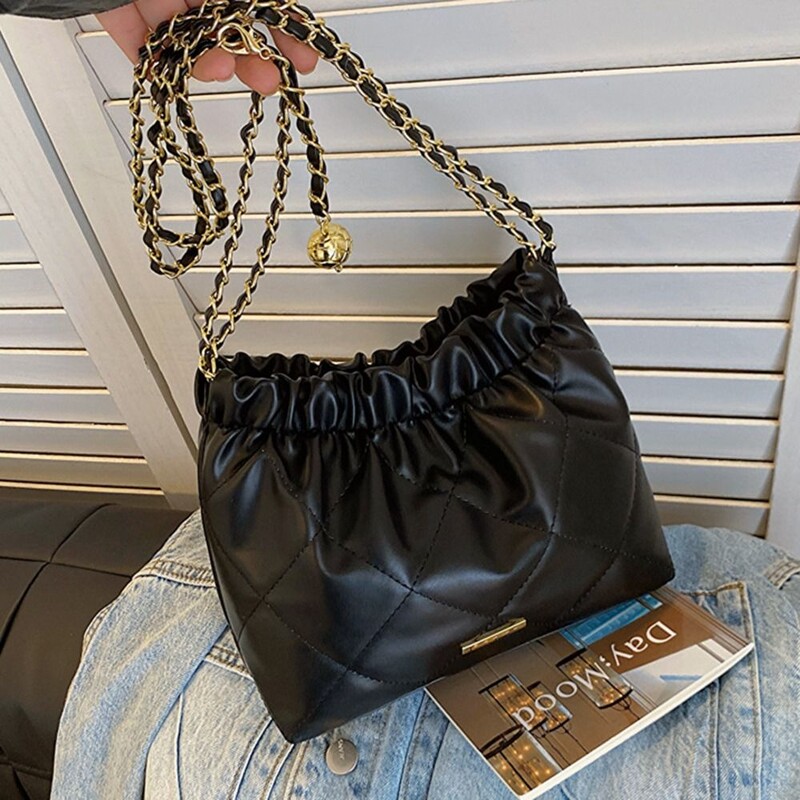 Geantă de umăr pentru femei, fete, din piele PU, pliată, în carouri, geantă tip găleată, de capacitate mare, geantă de mână, geantă la subrat