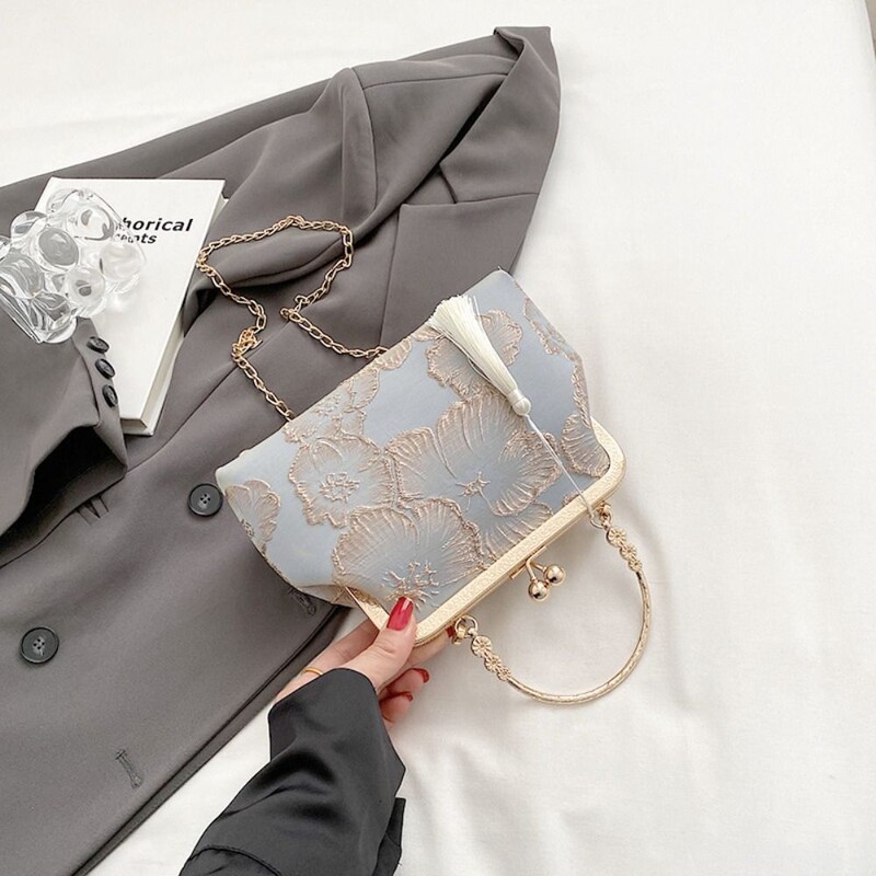 Ķīniešu stila izšūta plecu soma Eleganta rokassomiņa Retro maza kvadrātveida soma