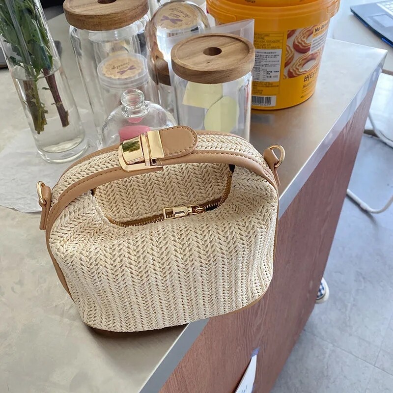 Geantă crossbody cu paie pentru femei, la modă boemă, de tricotat mică, poșetă și geantă de mână pentru femei, ocazional, de vacanță, genți de plajă