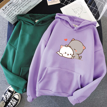 Прасковена котка Kawaii Clothing Aesthetic Hoodie 2021 Сладко розово горнище Големи суичър Дамски анимационен принт Унисекс Топло улично облекло